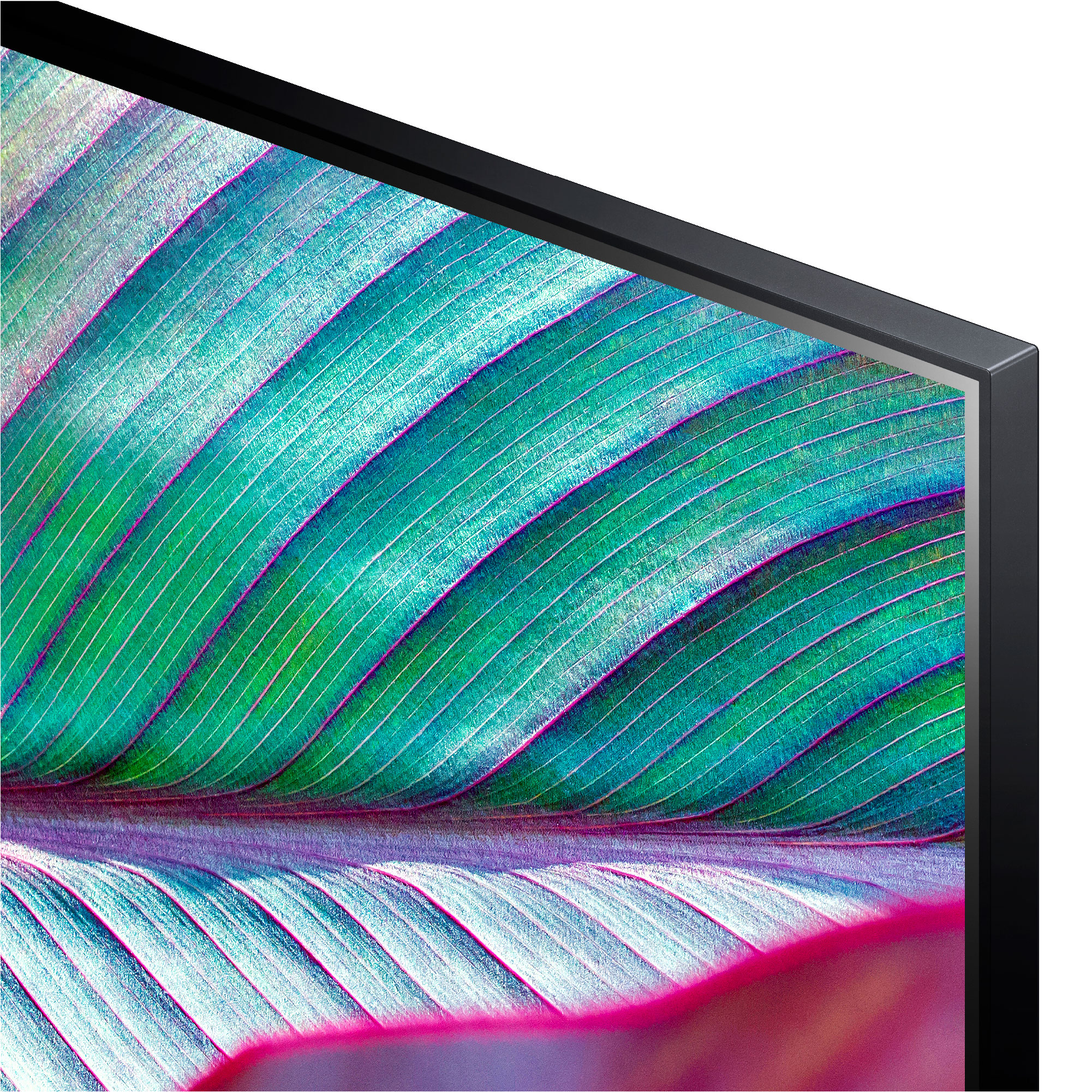 Una vista de cerca de una esquina de TV con una pantalla con un patrón de hojas verdes y azules.