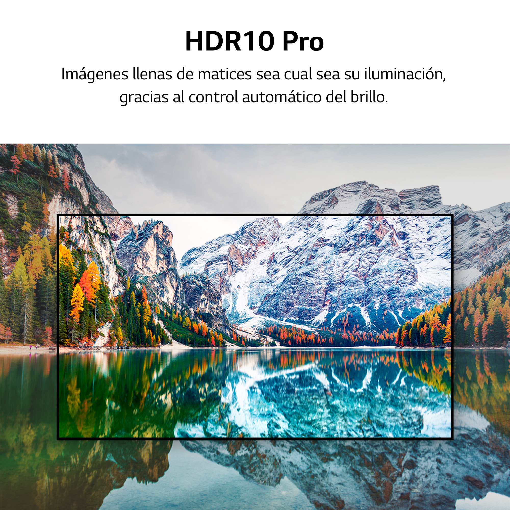 Una pantalla de TV muestra un reflejo de paisaje en el agua. Montañas y árboles visibles.