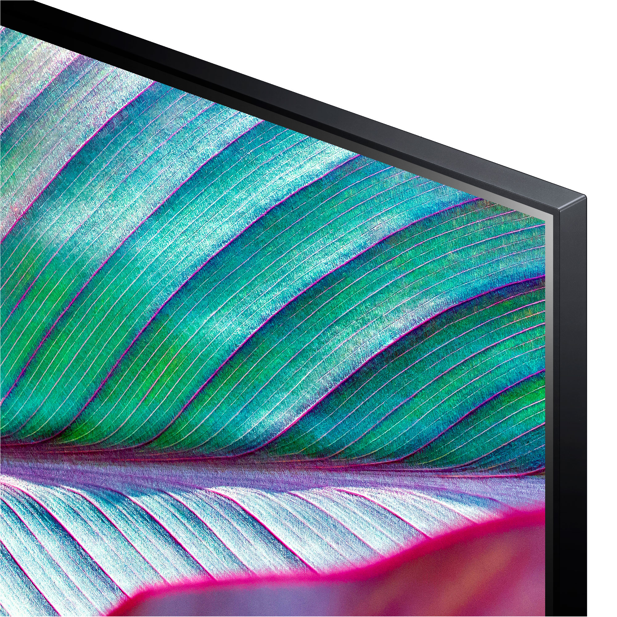 Primer plano de una esquina de TV con un patrón de hojas colorido en la pantalla.