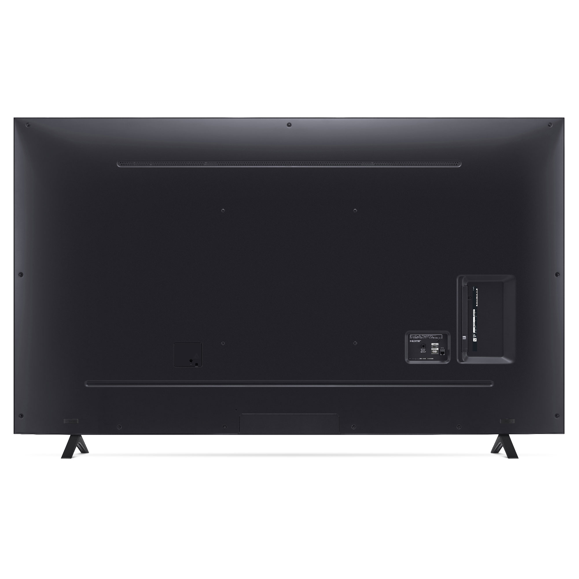 Parte trasera de un televisor negro con puertos y ranuras de conexión. El televisor se apoya en dos patas.