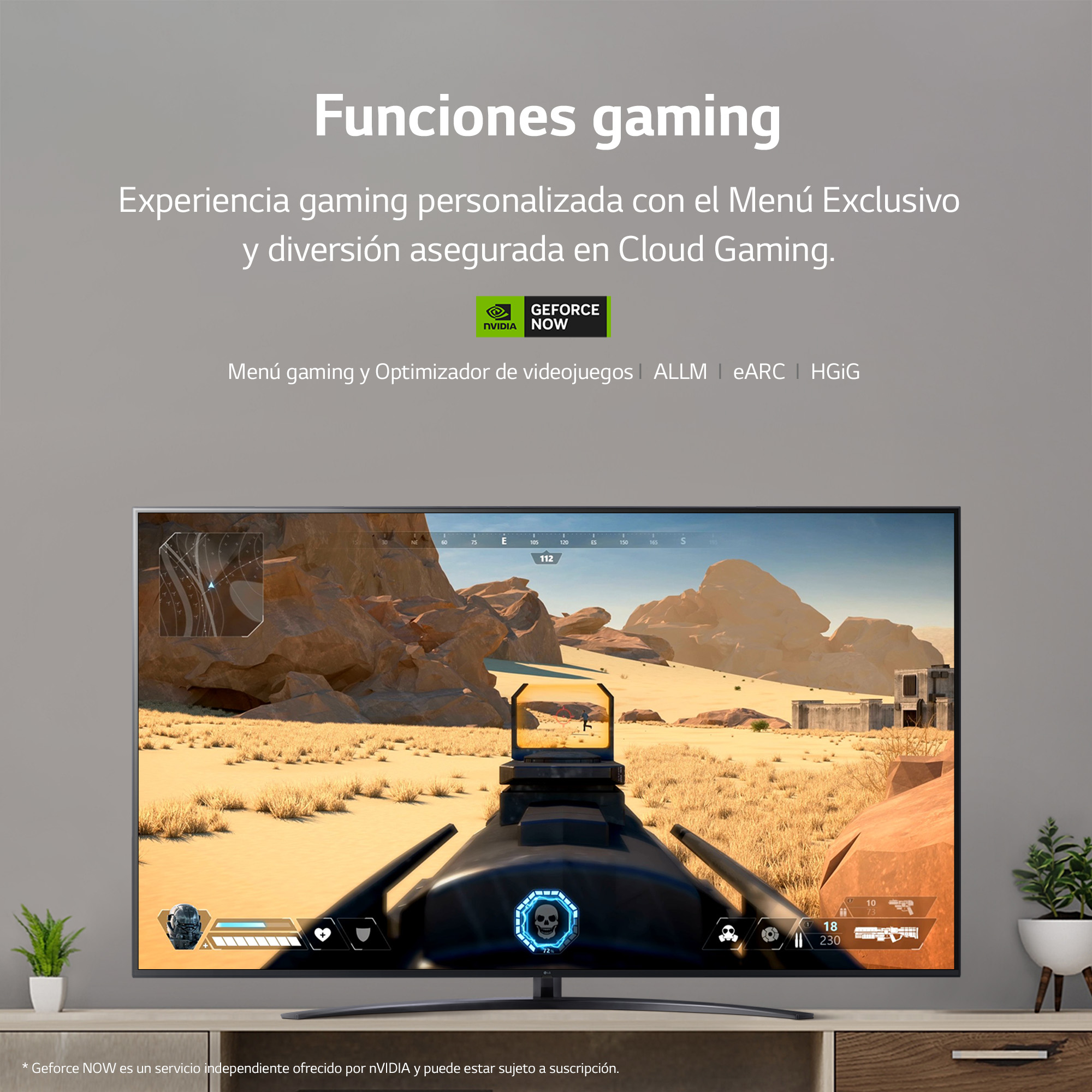 TV gaming con escena de juego, texto sobre funciones gaming y plantas de interior.