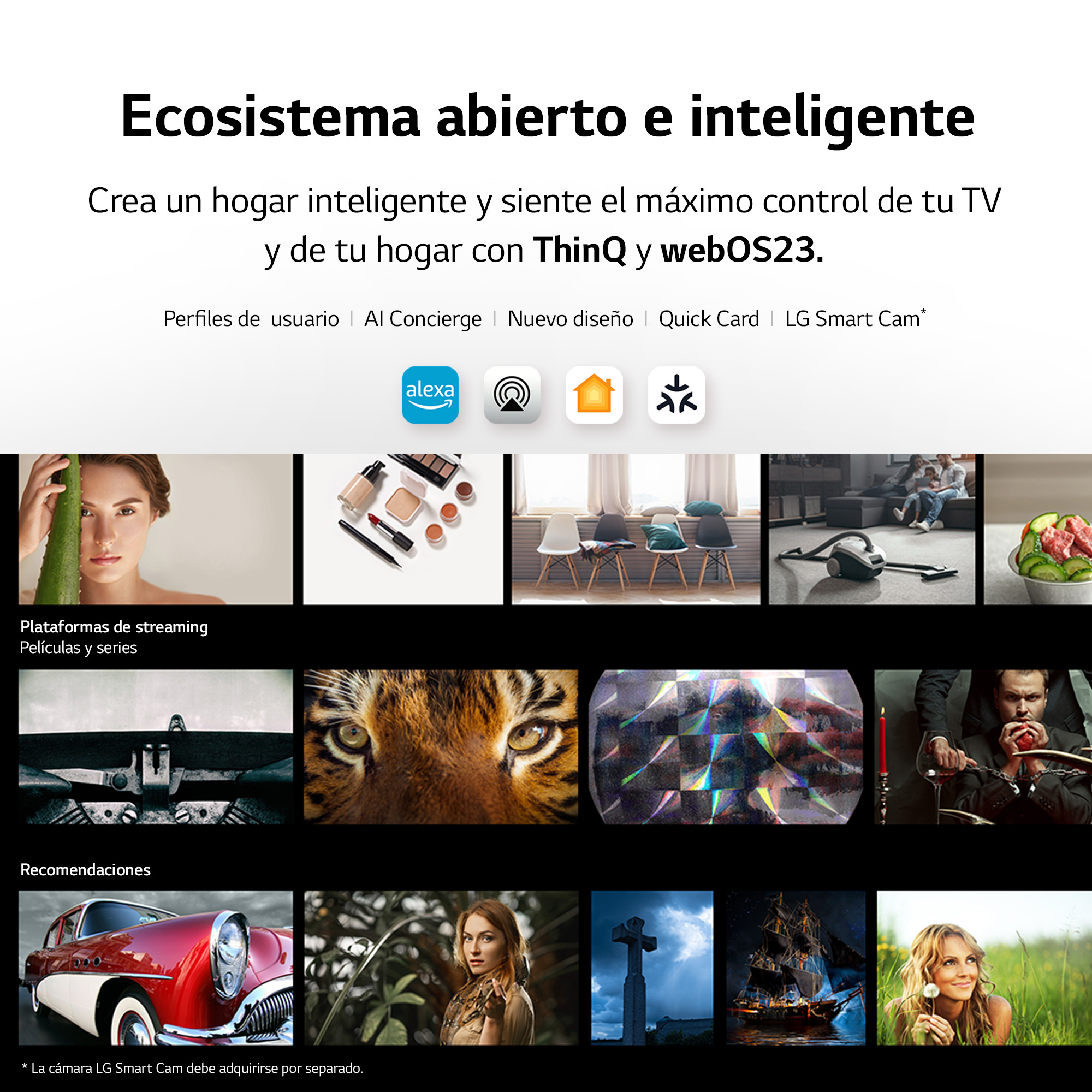 Una imagen promocional con varios iconos e imágenes, que promociona un ecosistema de hogar inteligente.