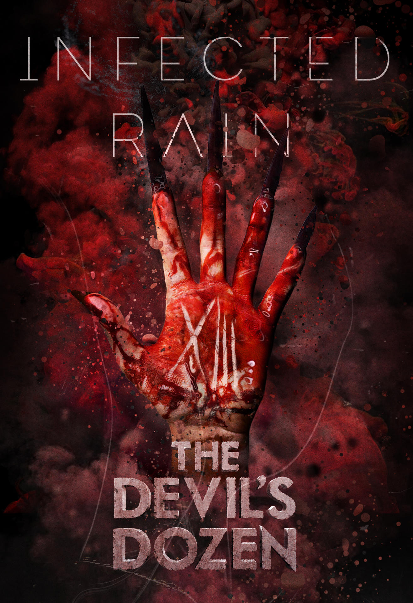Véres kéz hosszú fekete karmokkal. A szöveg: "Infected Rain" és "The Devil's Dozen".
