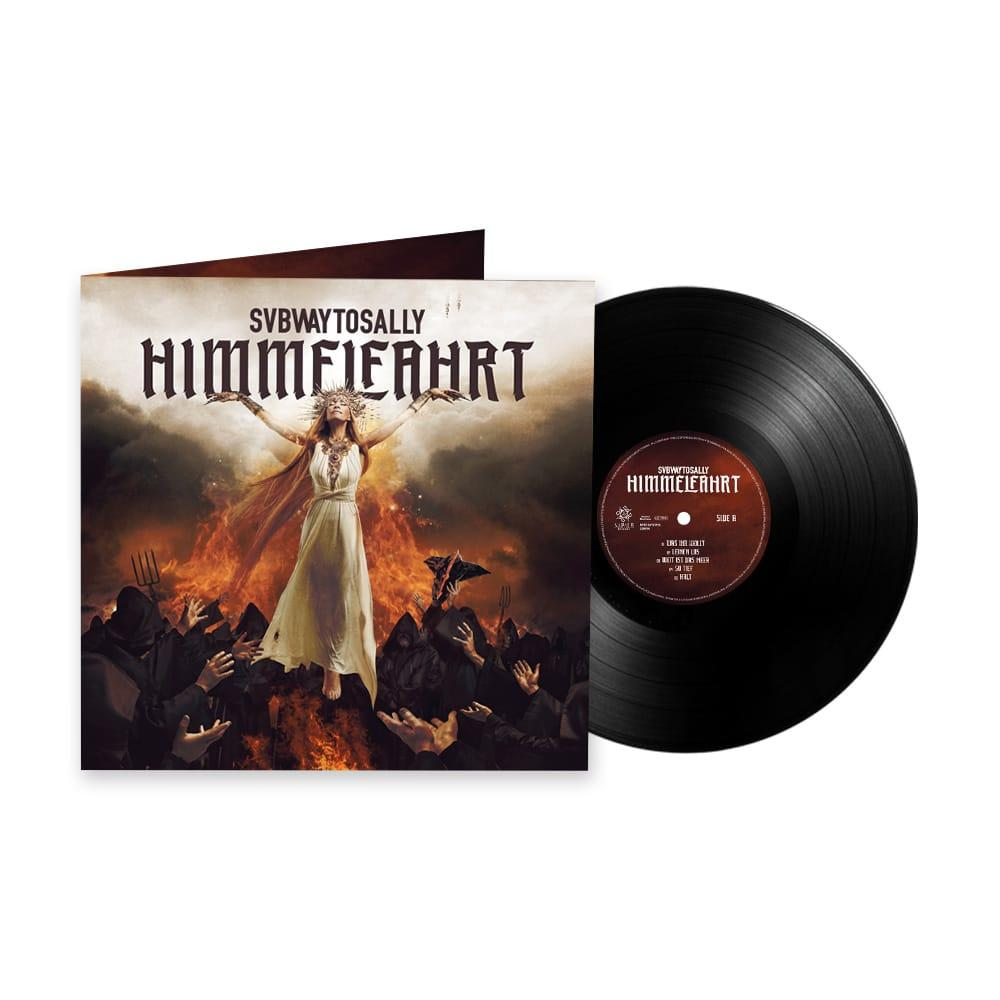 Album borító, fehér ruhás nővel, felemelt karokkal, lángok felett. Vinyl lemez jobbra. Sötét alakok alul.