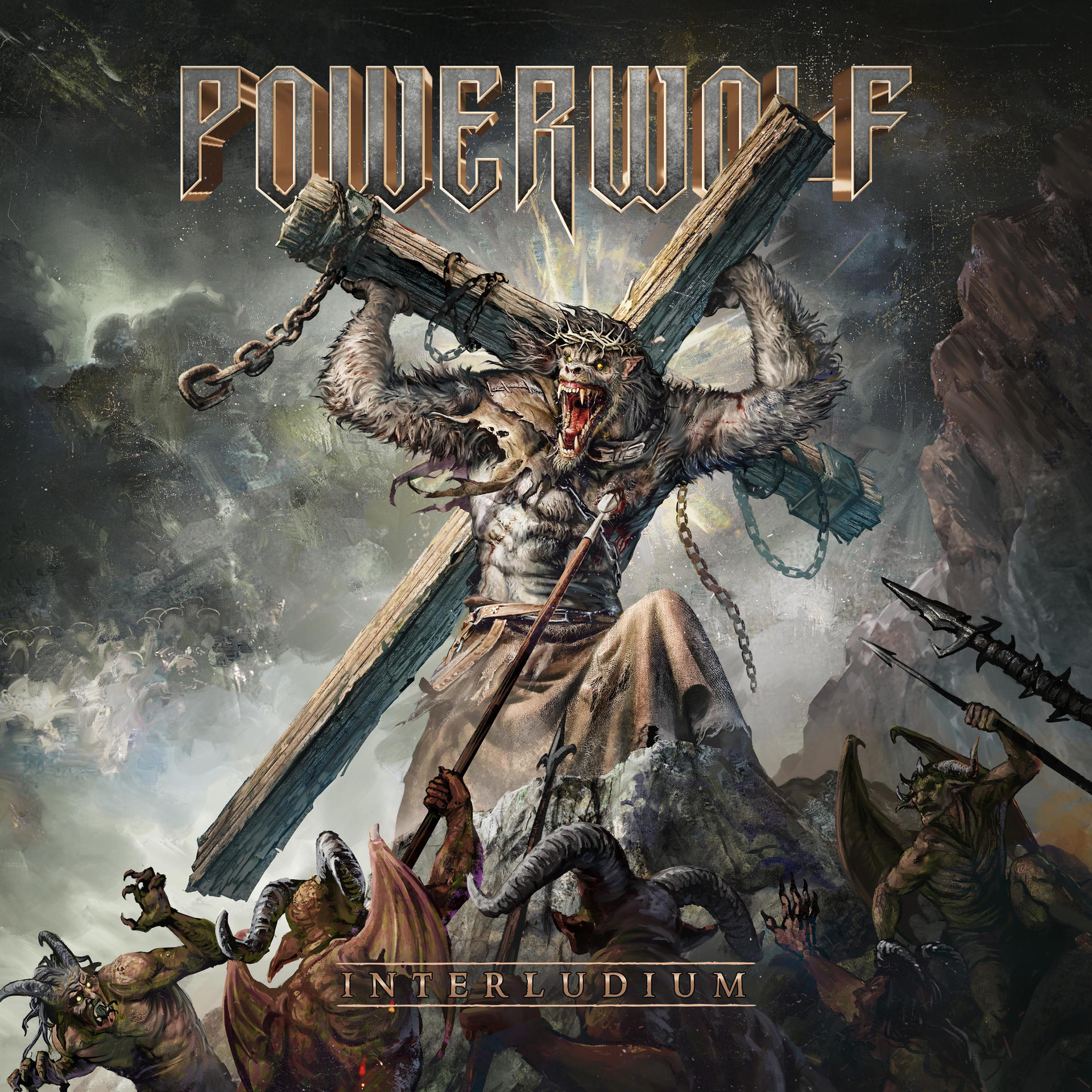 Album borító farkasemberrel, aki egy keresztet tart. Alul démonok. Szöveg: 'POWERWOLF INTERLUDIUM'.