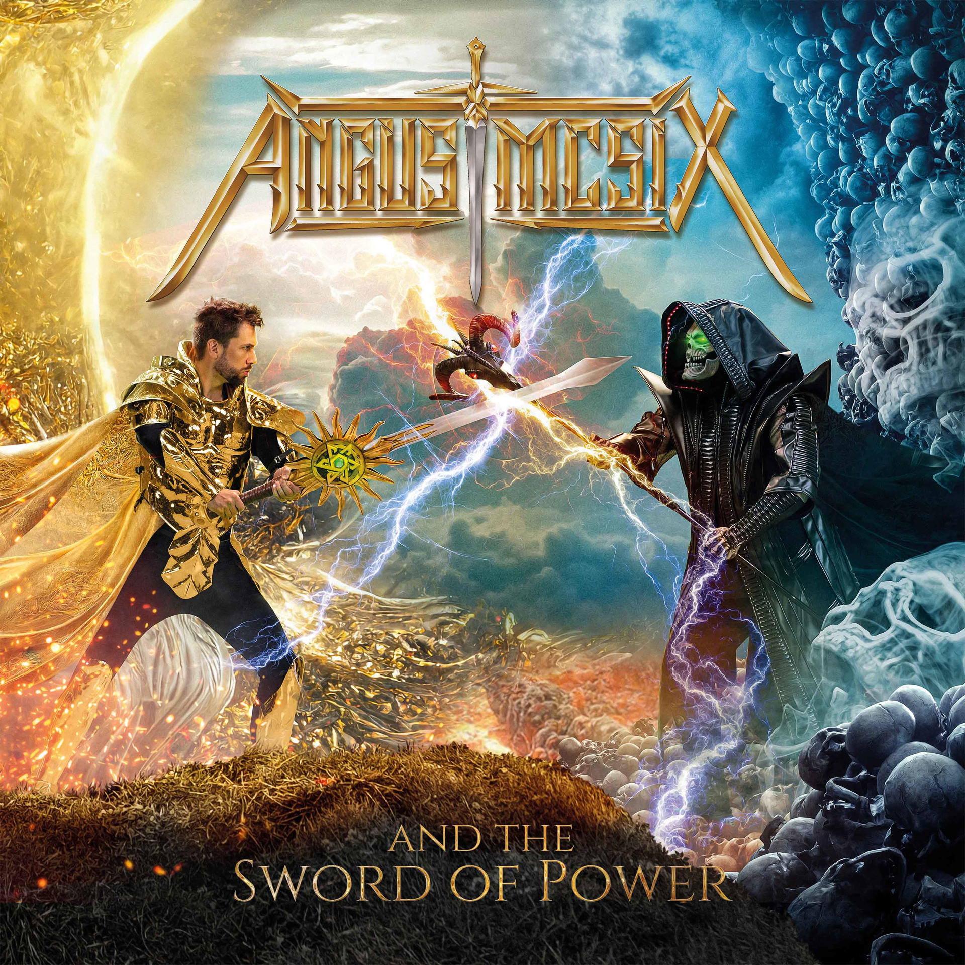 Album borítókép, mely két alakot ábrázol egy fantasy jelenetben kardokkal, villámokkal és koponya háttérrel.
