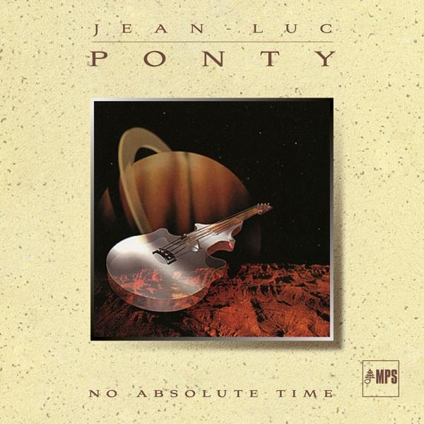 Album borítója. Egy gitár lebeg a világűrben a Szaturnusz előtt. Az album címe: 'No Absolute Time', Jean-Luc Ponty.