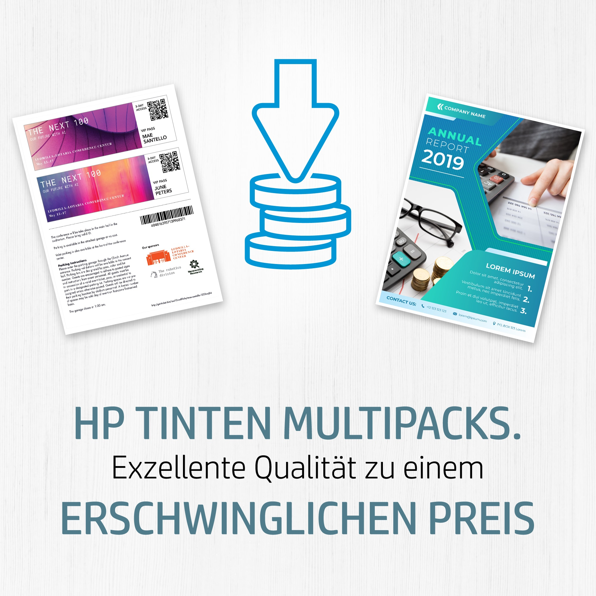 HP Tinten Multipacks Anzeige. Tickets, Dokumente und Münzenstapel.