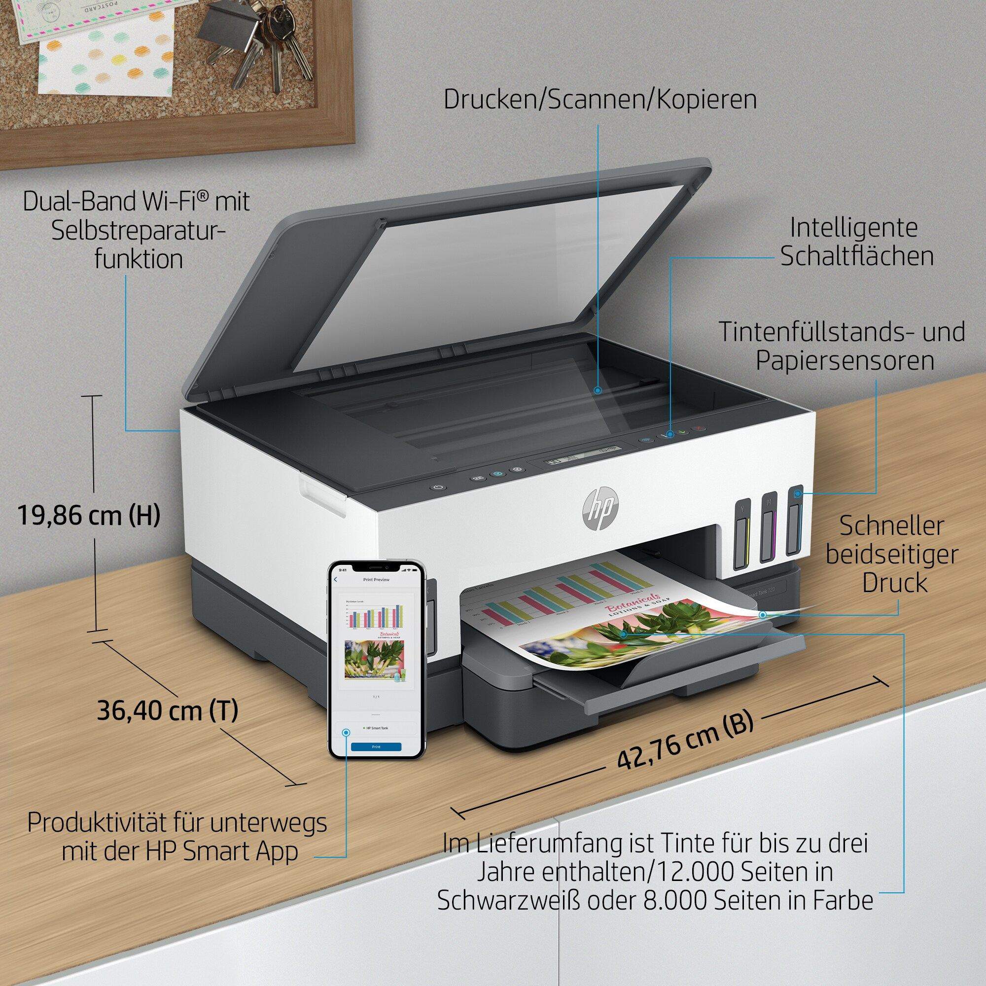 Ein Drucker mit hervorgehobenen Funktionen. Ein Telefon zeigt einen Ausdruck. Abmessungen sind beschriftet.