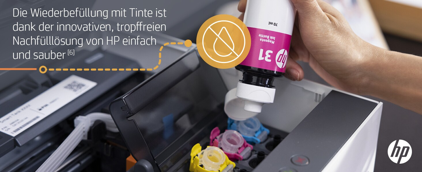 Tintenstrahldrucker, der mit magenta Tinte aus einer Flasche nachgefüllt wird.