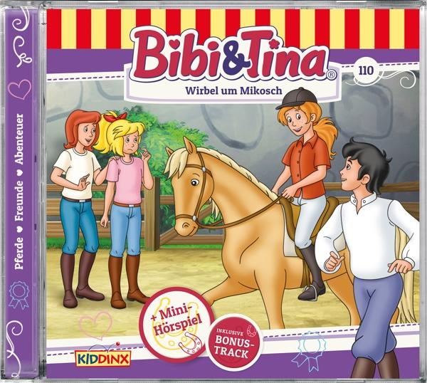 CD-Cover von Bibi & Tina, mit zwei Mädchen auf einem Pferd und zwei weiteren daneben, mit einem Pferdestall.