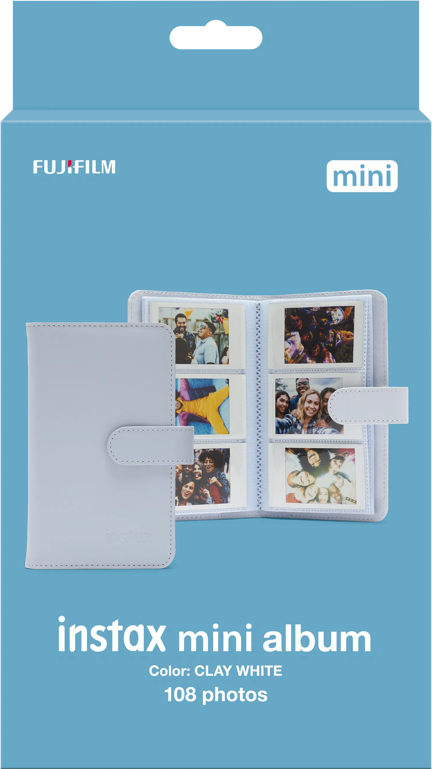 Album Instax mini in una scatola azzurra. Bianco argilla, per 108 foto. L'album è aperto, mostra foto.