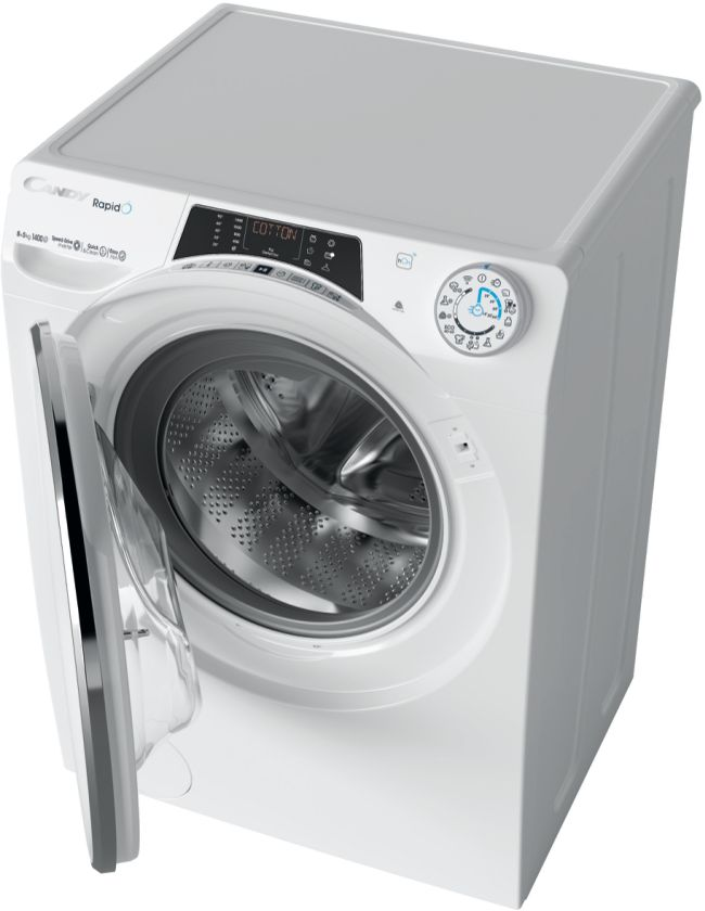 Eine weiße Waschmaschine mit offener Tür. Sie hat ein digitales Display und ein rundes Zifferblatt. Die Marke ist "Candy Rapid".