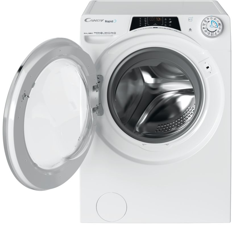 Weiße Waschmaschine mit offener Tür, Trommel sichtbar. Bedienfeld oben sichtbar.