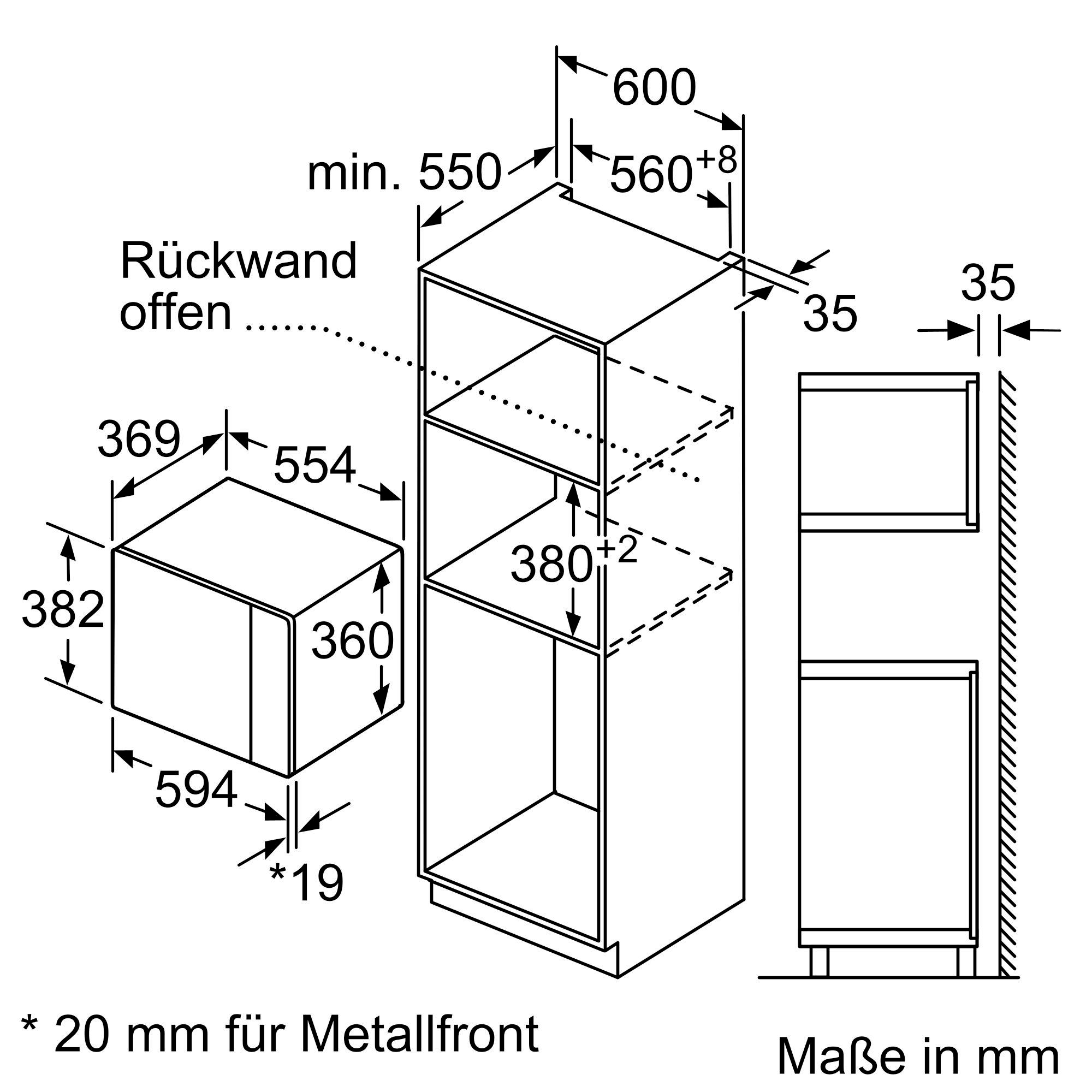 Technische Zeichnung eines Einbauofens mit Abmessungen in Millimetern.