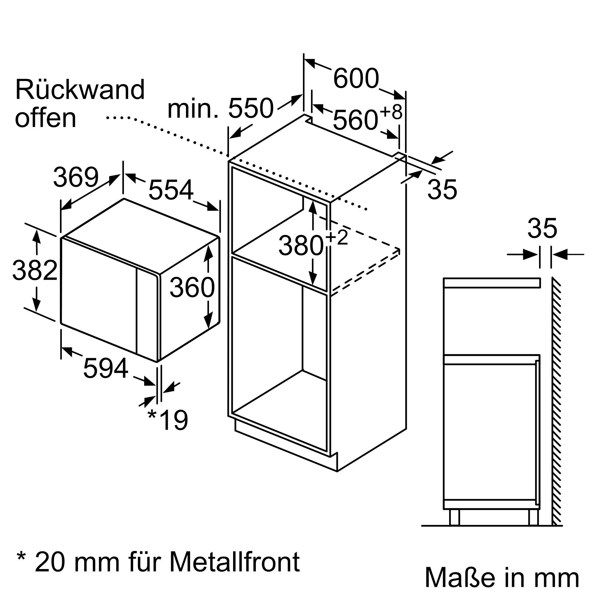 Technische Zeichnung eines Mikrowellenofens und einer Schrankstruktur, mit Maßen in mm.