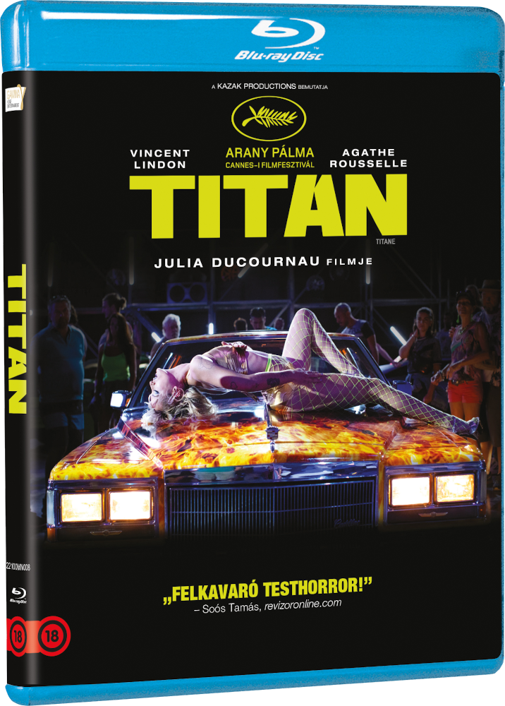Blu-ray lemez borítója a 'Titan' filmmel, egy nővel egy autón.