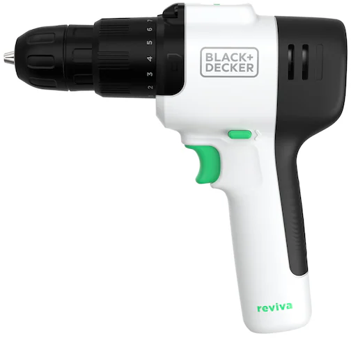 Fehér és fekete Black+Decker fúró zöld ravaszal és reviva logóval.