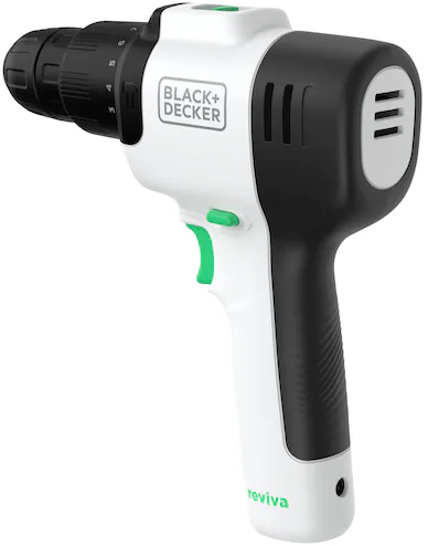 Egy fehér és fekete fúró zöld gombbal, látható Black+Decker és Reviva logókkal.