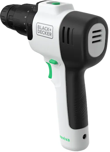 Egy fehér és fekete BLACK+DECKER Reviva fúró. Zöld gombok és ravasz láthatók.