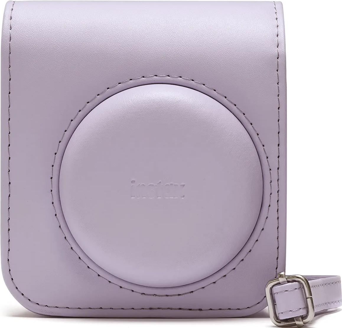 Ein lavendelfarbener Instax-Kamera-Etui, das die Vorderseite und den Gurt zeigt.