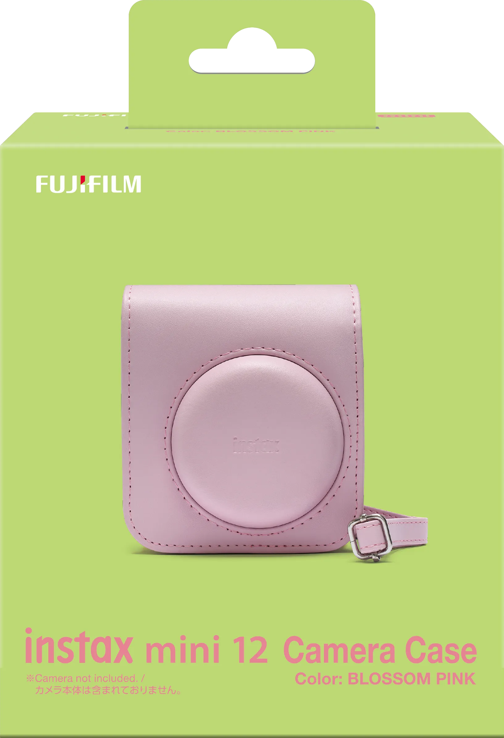 Étui rose pour appareil photo Instax mini 12 dans une boîte verte. Avec sangle et boucle.