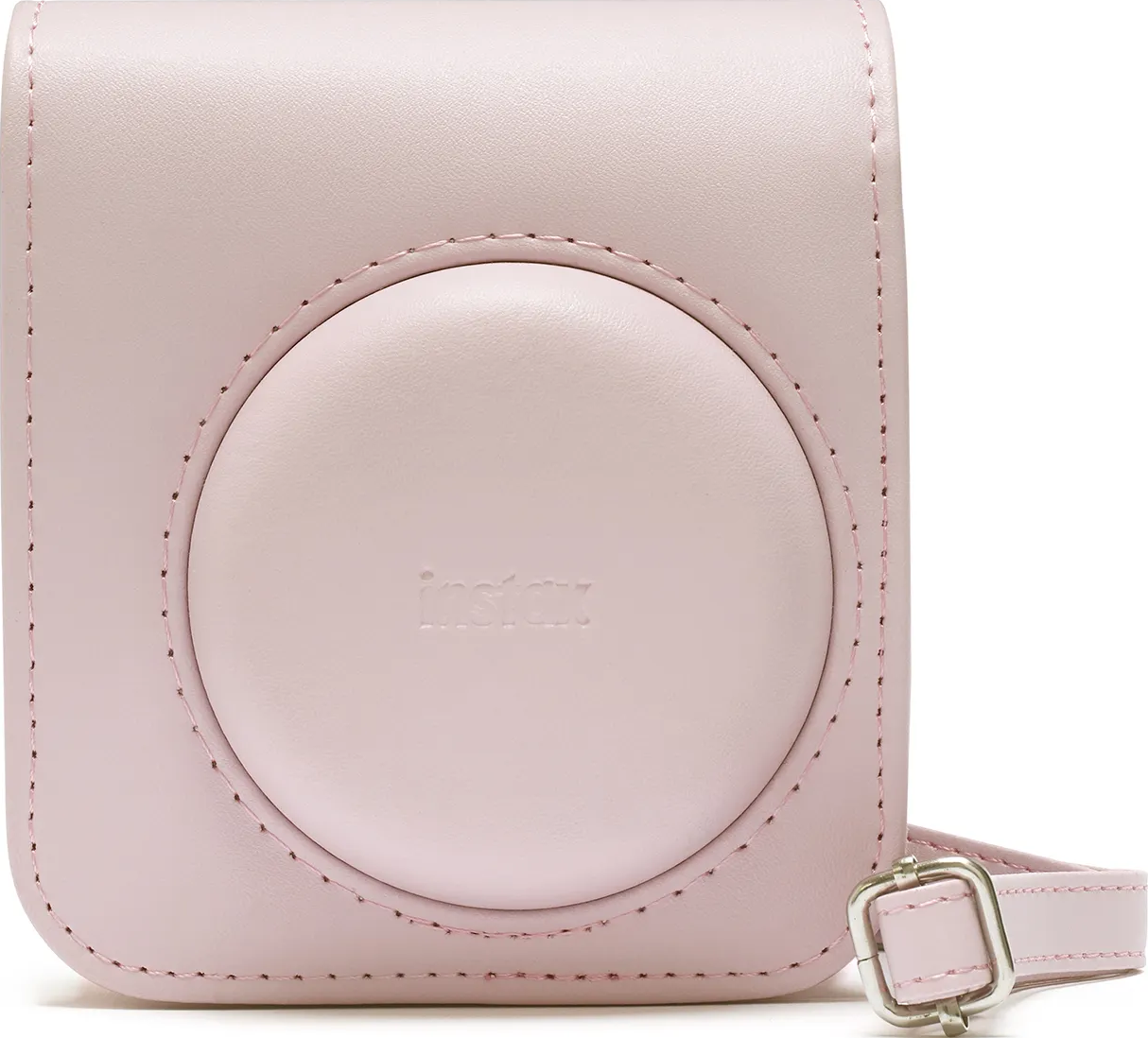 Un étui rose pour appareil photo Instax avec un logo circulaire sur le devant et une sangle.