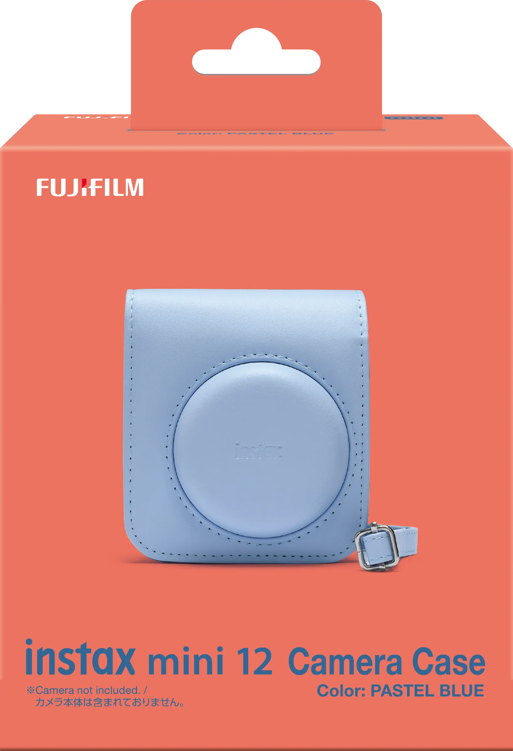 Custodia per fotocamera azzurra con fotocamera all'interno, in una scatola arancione. Logo Fujifilm visibile.