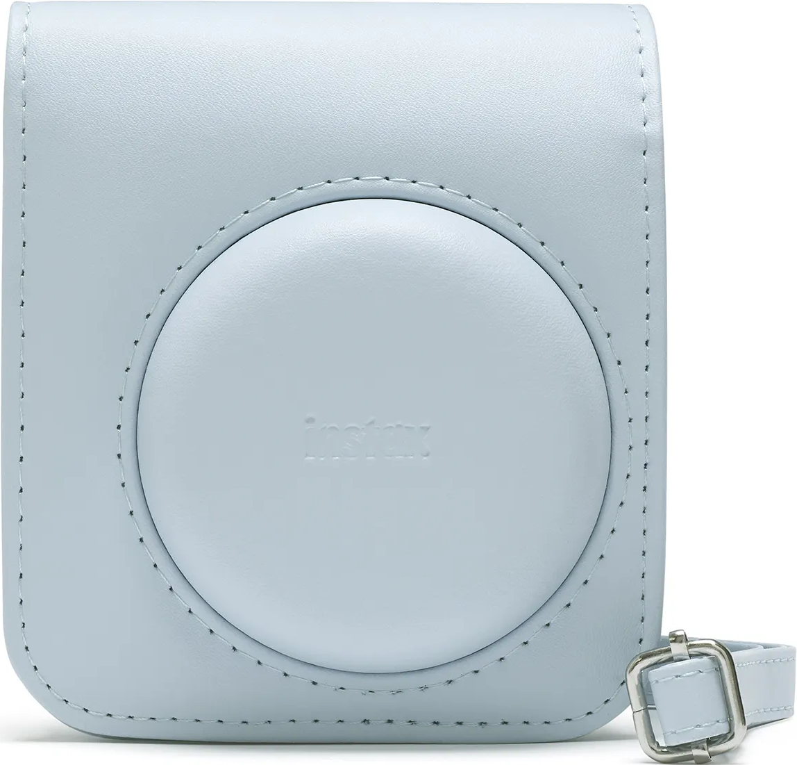 Custodia per fotocamera Instax azzurra. La custodia è quadrata e ha una copertura dell'obiettivo circolare.