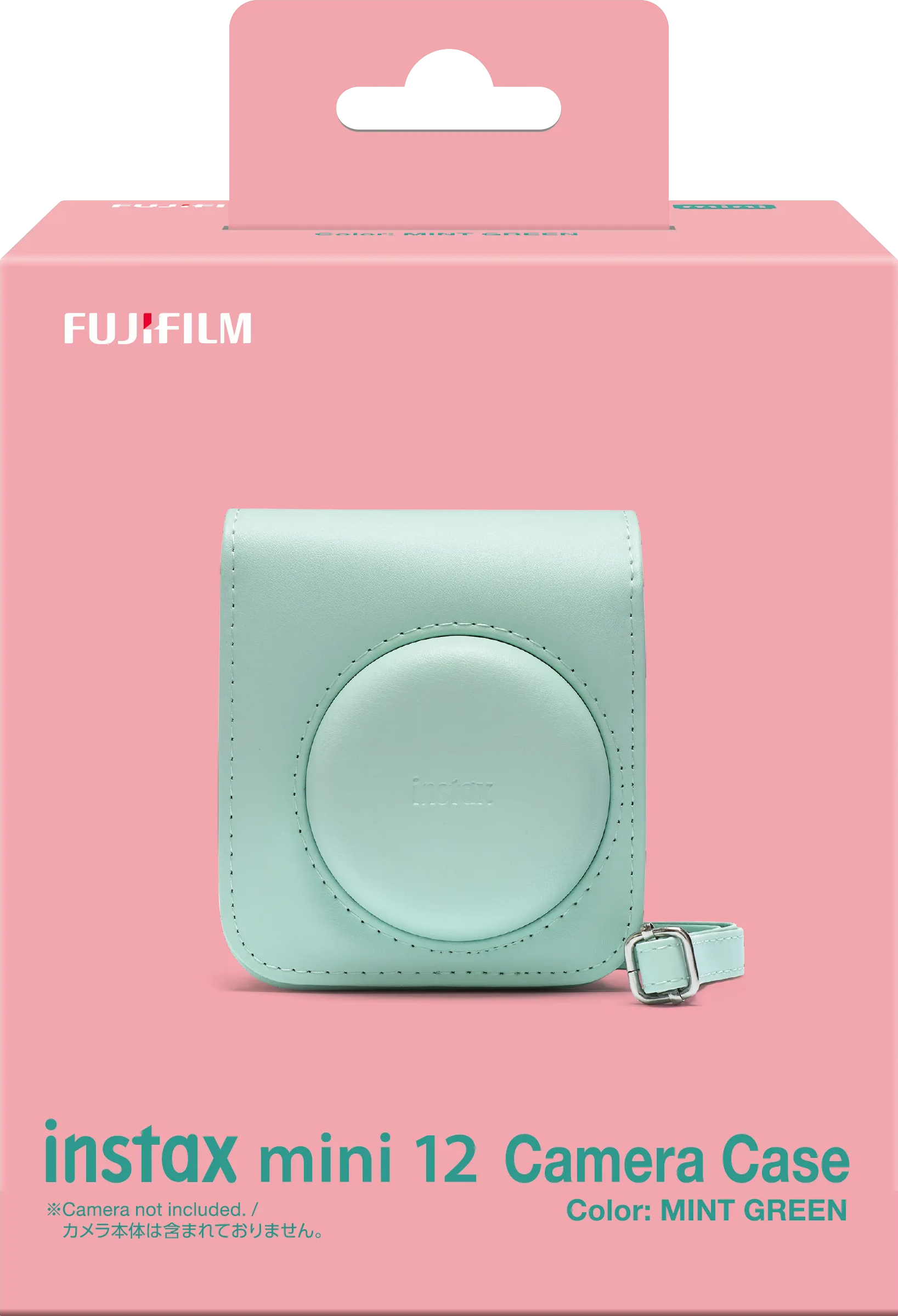 Minzgrüne Kameratasche mit Riemen und rosa Schachtel. Fujifilm-Logo und Text sind sichtbar.
