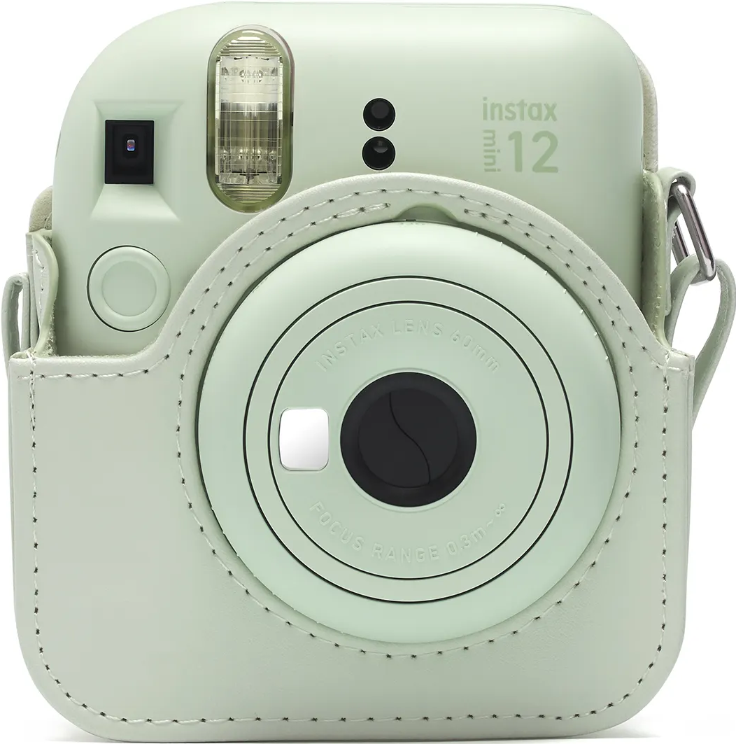 Eine mintgrüne Instax Mini 12 Kamera mit passendem Gehäuse.