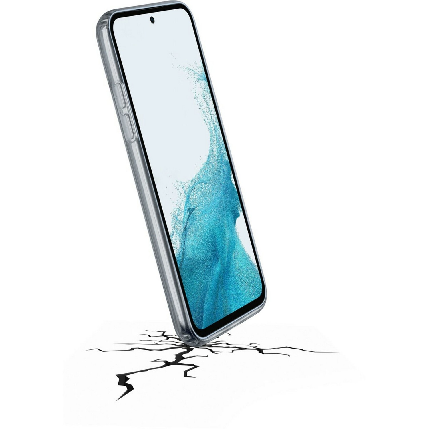 Coque transparente avec un téléphone. Le téléphone est sur une surface fissurée.