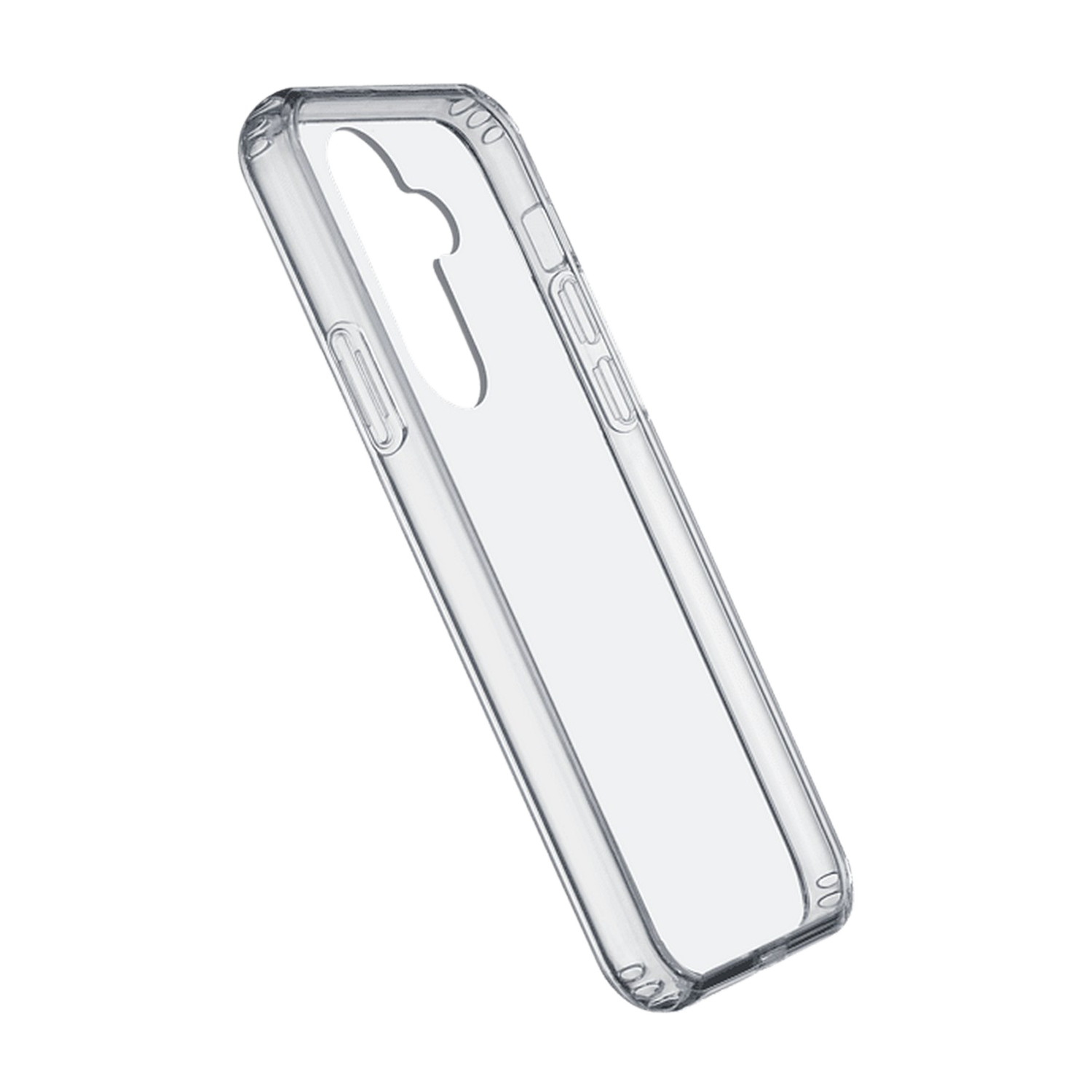Une coque de téléphone transparente, en angle, avec des découpes pour la caméra et les boutons. Fond noir.