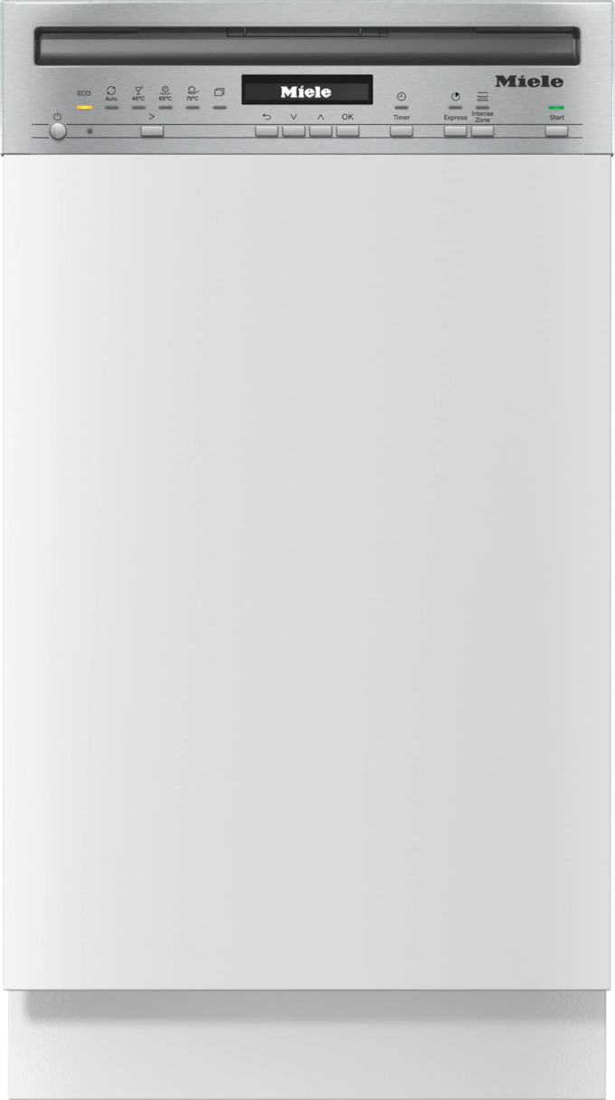 Ein weißer Miele Geschirrspüler mit Edelstahl-Bedienfeld, von vorne gezeigt.