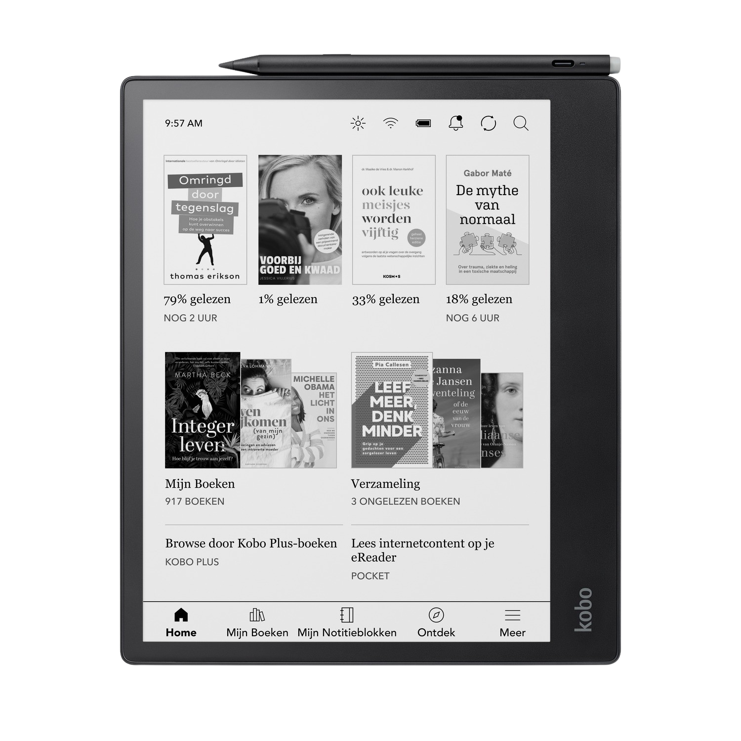 An e-reader displays a menu of book covers, with a stylus resting on its top edge.