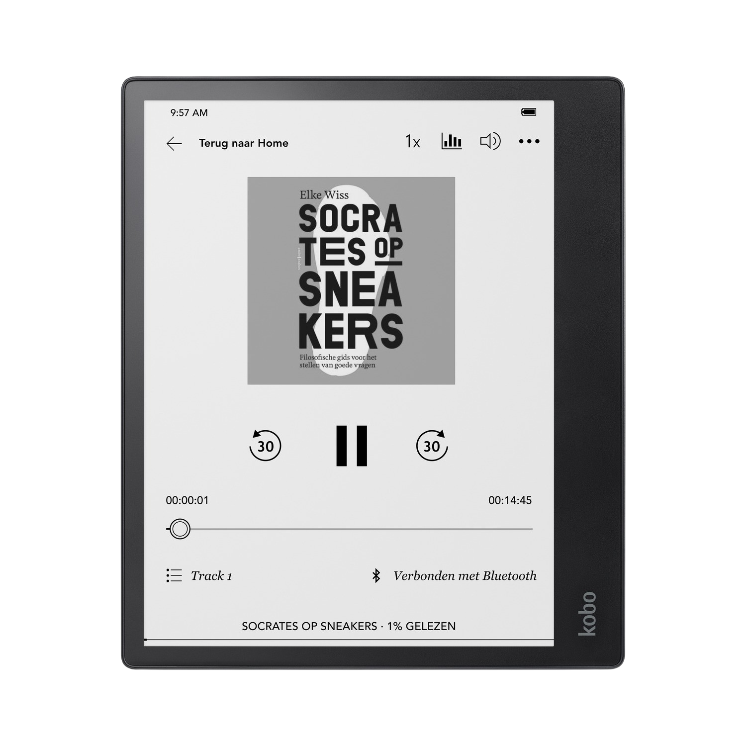 An e-reader displays a book cover. Time and playback controls are visible.