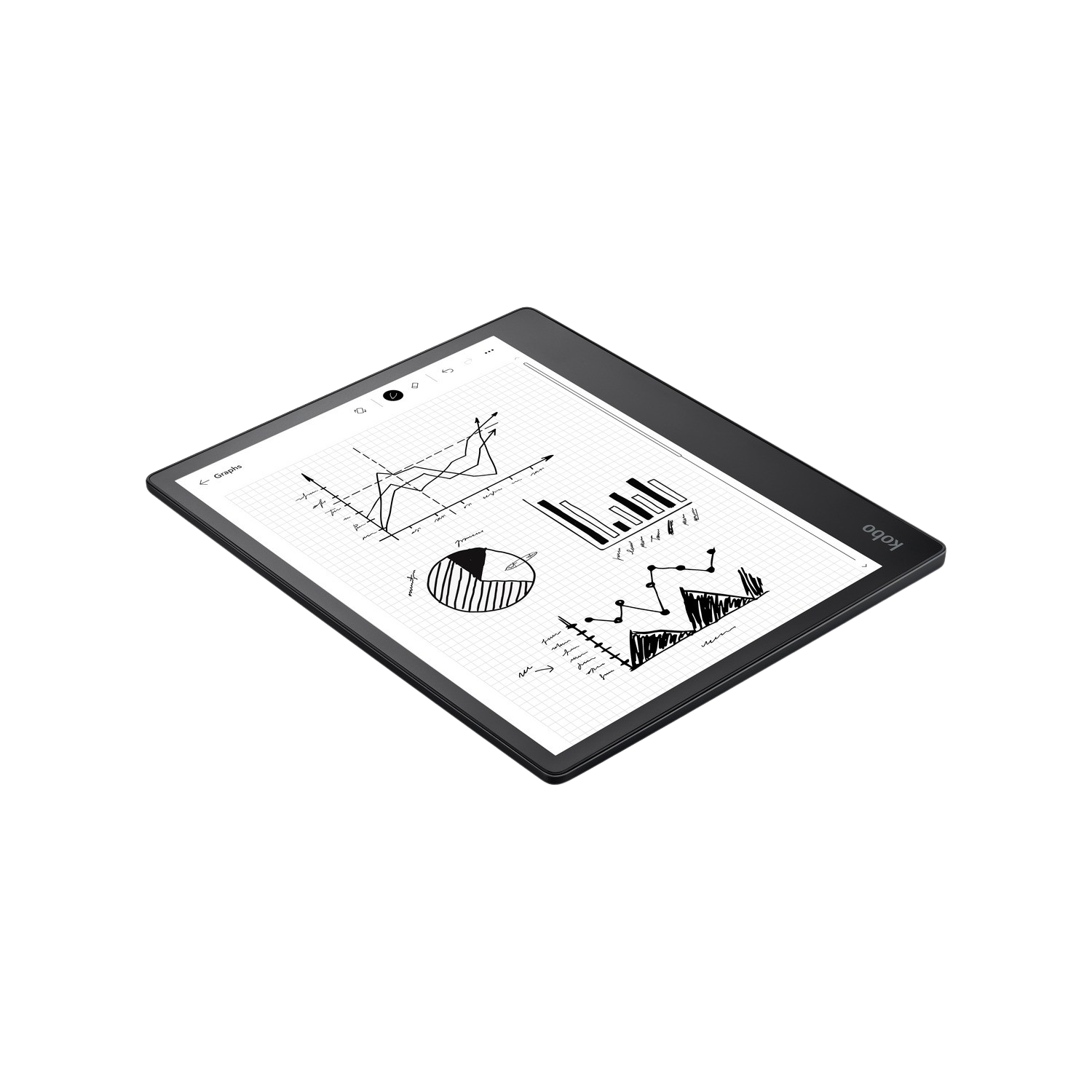 E-reader on black surface displaying graphs and charts. Angled view, black background.