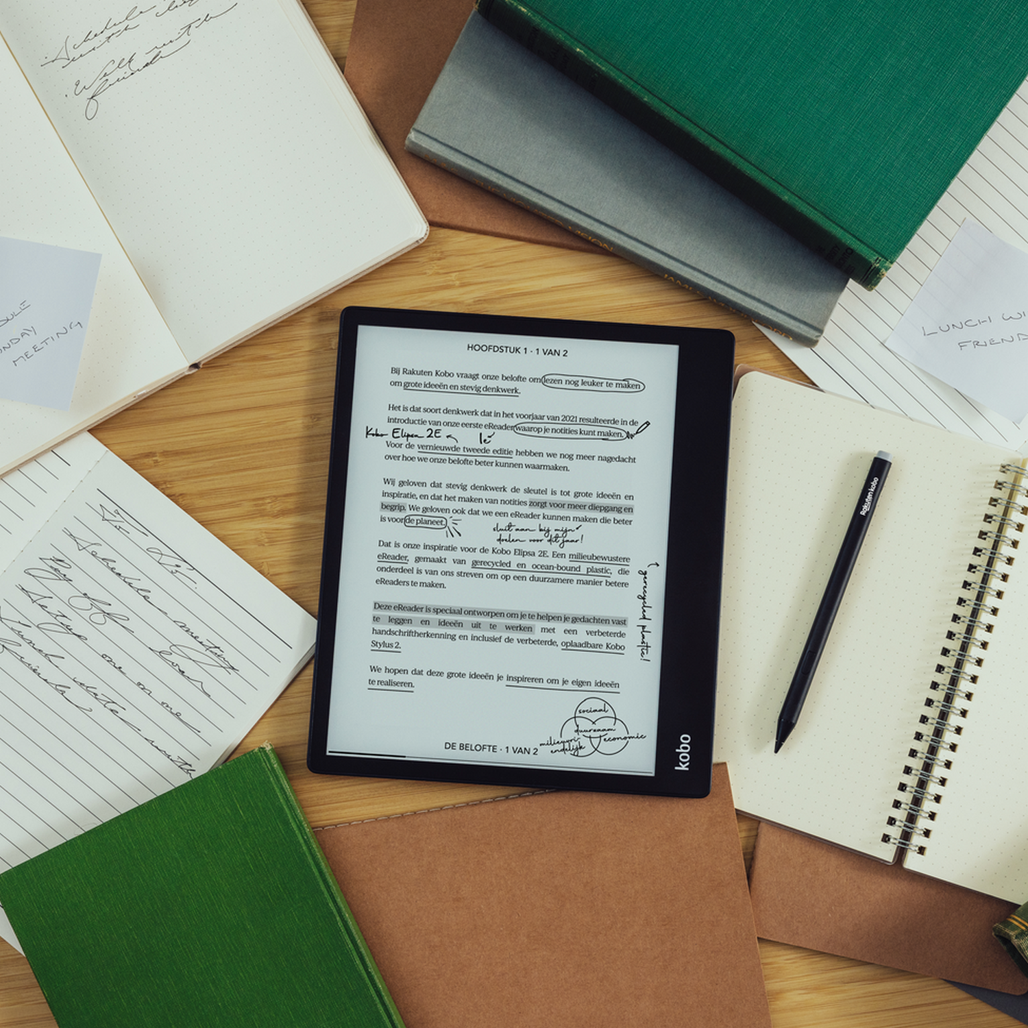 A Kobo e-reader on a desk surrounded by books and notes, with a pen.
