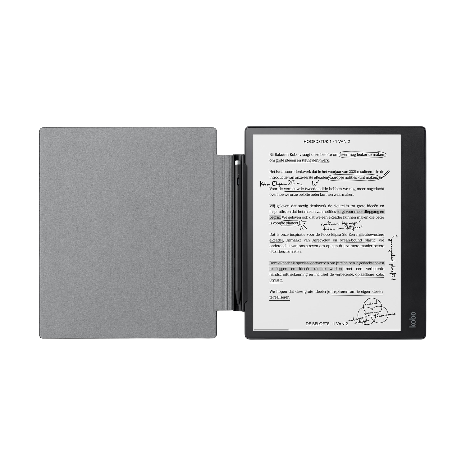Een grijze e-reader met stylus en hoes, met tekst en handgeschreven notities op het scherm.