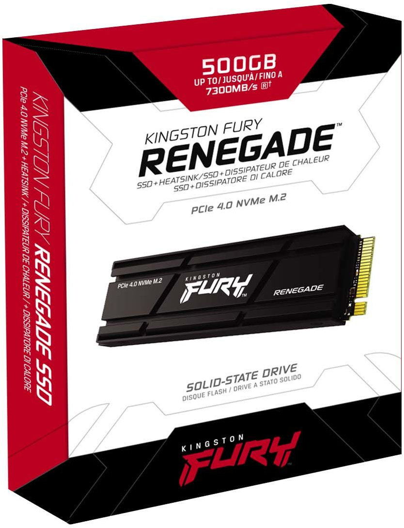 SSD-Box mit Text und einem Bild des Laufwerks. Schwarz, rot und weiß.