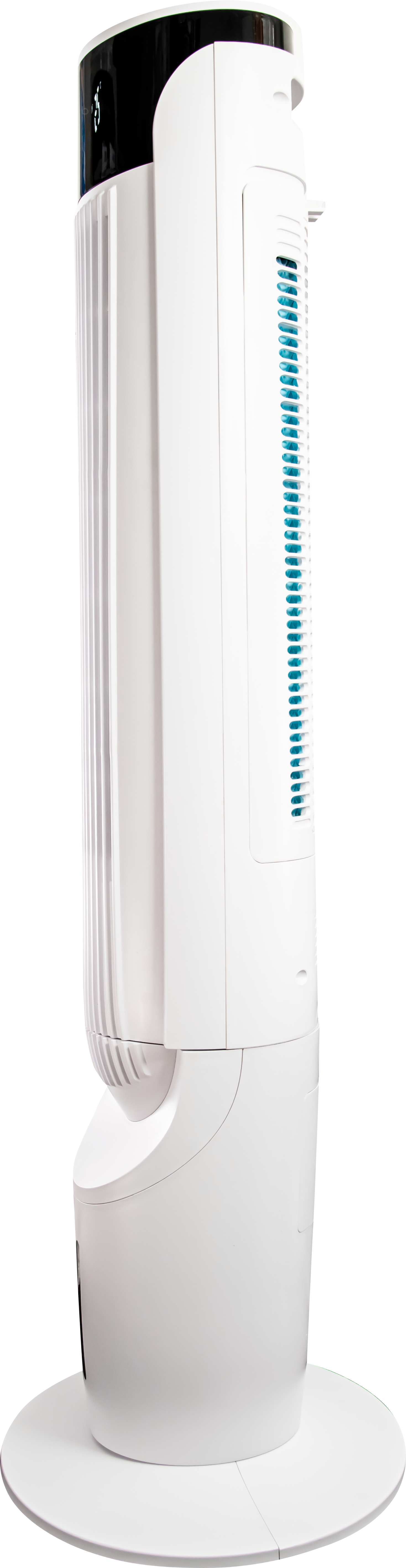 Weißer Turmventilator. Er hat einen hohen, geriffelten Körper mit schwarzem Oberteil. Der Sockel ist rund.