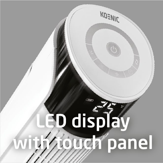 Weißer und schwarzer Turmventilator. LED-Anzeige mit 25 Grad. Anzeige lautet: LED-Anzeige mit Touch-Panel.