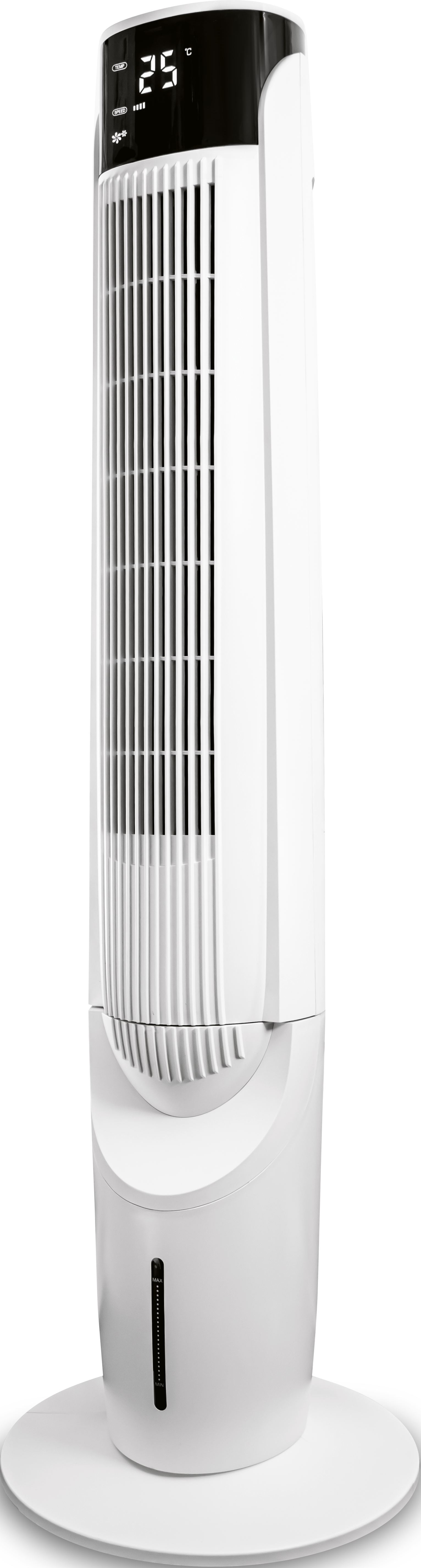 Ein weißer Turmventilator mit digitaler Anzeige, die 25 Grad anzeigt, und einer Wasserstandsanzeige.