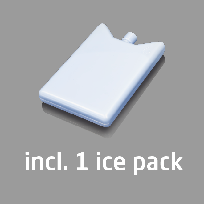 Ein weißes Kühlpack mit dem Text 'inkl. 1 Kühlpack' auf grauem Hintergrund.