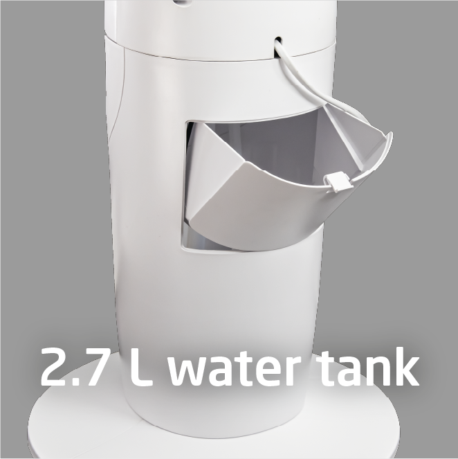 Ein weißer Wassertank mit offenem Fach. Er ist als 2,7-Liter-Wassertank gekennzeichnet.