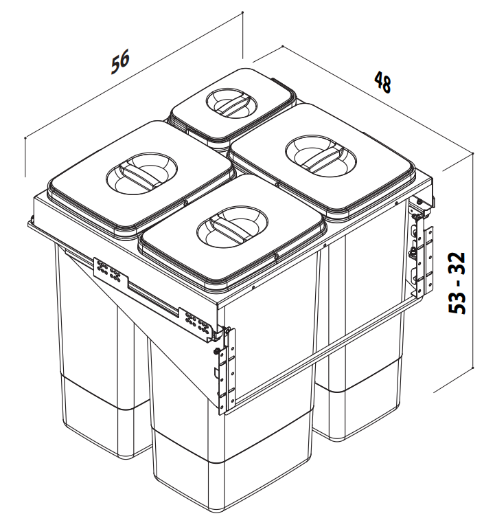Egy szekrény diagramja méretekkel és nyitott ajtóval.