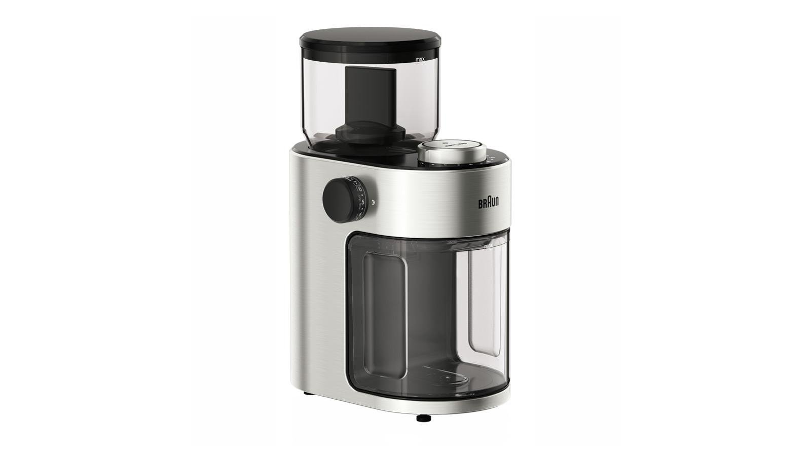 Eine silberne und schwarze Braun Kaffeemühle. Sie hat einen transparenten Behälter und einen schwarzen Deckel.