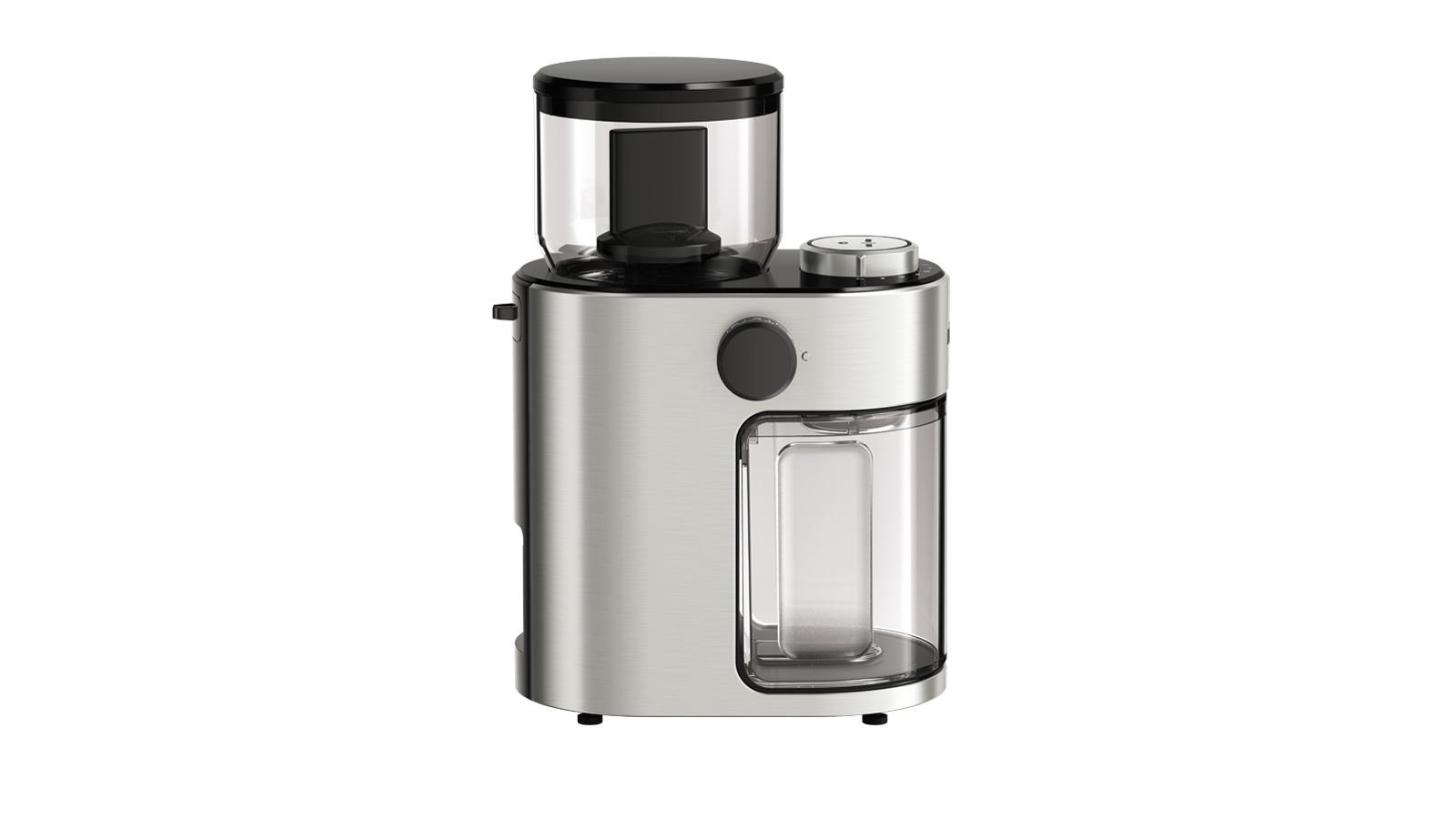 Kaffeemühle mit silbernem Gehäuse und schwarzem Deckel, mit transparentem Behälter.