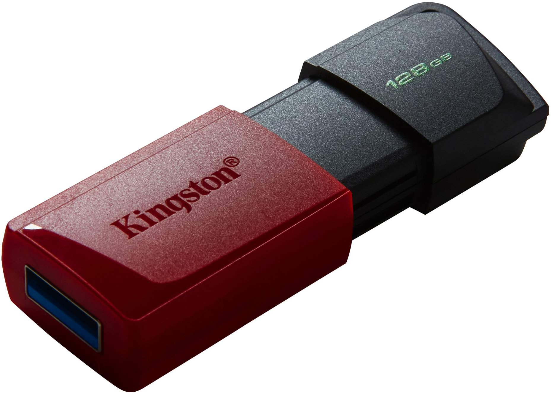 Roter und schwarzer Kingston USB-Stick. USB-Anschluss ist blau. Kingston-Logo und 128 GB.