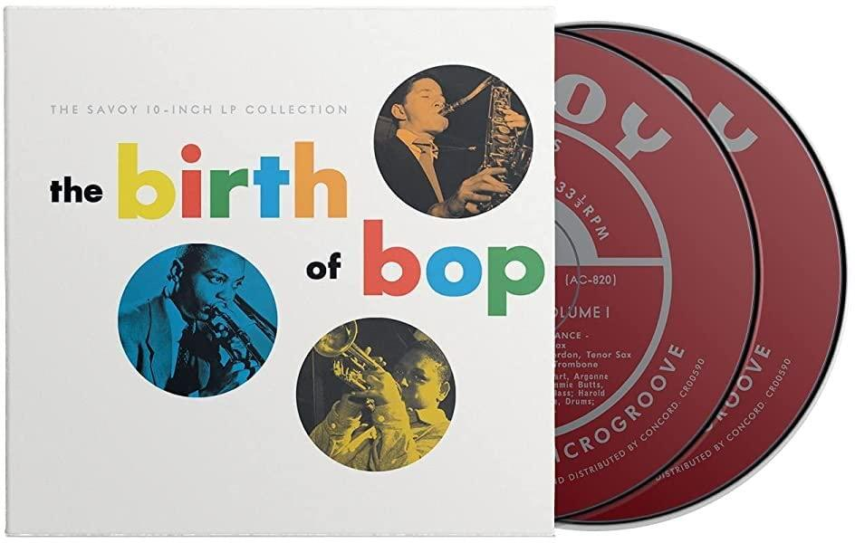 Albumcover: 'The Birth of Bop', mit Bildern von Jazzmusikern und zwei roten Vinylplatten.